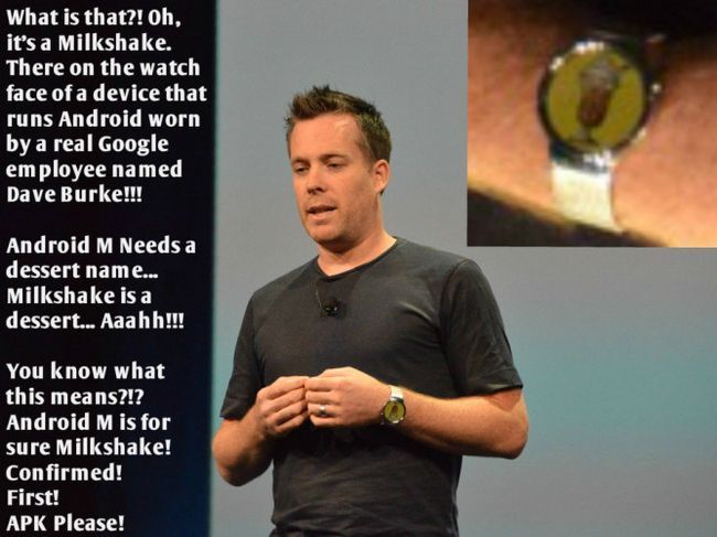 Fotografía - [I / O 2015], Dave Burke Wears Android reloj de desgaste con una foto de un batido sobre ella durante E / S Presentación - Freaks Internet Out